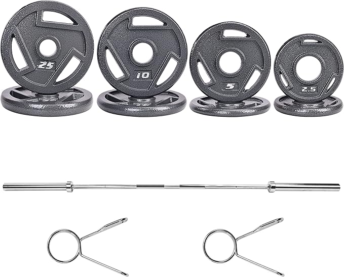 Signature Fitness Cast Iron Olympic 2-Inch Weight Plates Including 7FT Olympic Barbell, 130-Pound, 300-Pound or 325-Pound Set, Multiple Packages