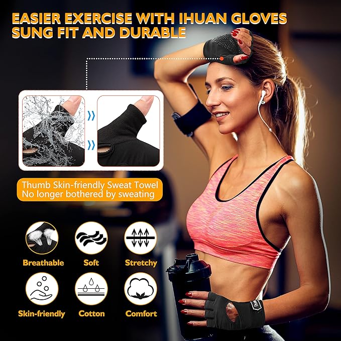 ihuan New Breathable Workout Gloves for Women & Men - No More Sweaty & Full Palm Protection Gym Exercise, Cycling， Fitness, Weightlifting, Pull-ups, Deadlifting, Rowing
